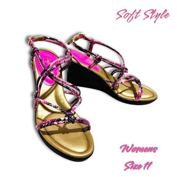 Women’s Soft Style Pink & Black Heeled Sandals By Hush Puppies Size 11. NEW! - Picture 1 of 10